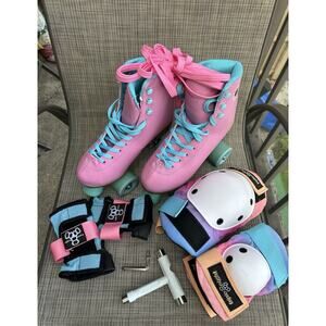 Smiley Pink Roller Skates Sz 7 Women Gear Set Complete Bundle Pads + Bag + Tools
